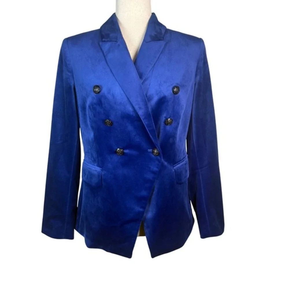 WHBM Royal Blue Velvet Blazer Women 4 Double Breasted Floral Lined Career Jacket